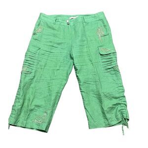 gianni bini Green Linen Embroidered Midnrise Wide Leg Cropped Pant Green 10